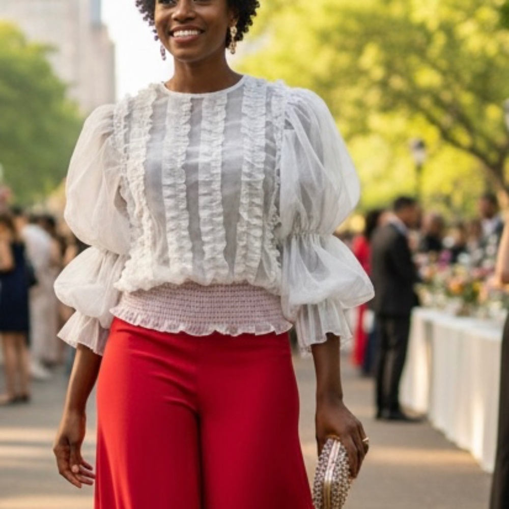 Smocked White Ruffle Puff-Sleeve Blouse - Picture 2 of 12